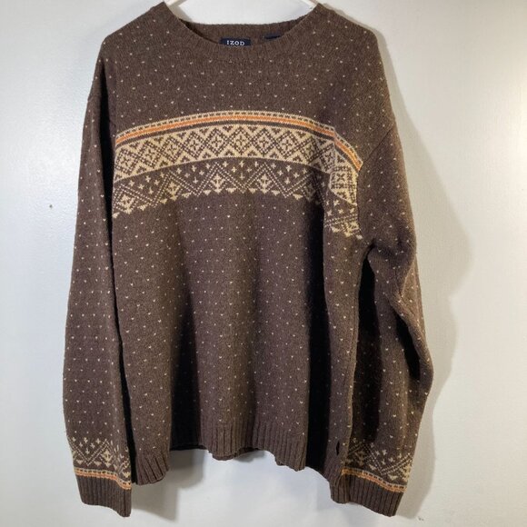 Mens Izod Jeans Fair Isle Lambswool Sweater Brown Tan  XL Washable Lambswool - Picture 1 of 7